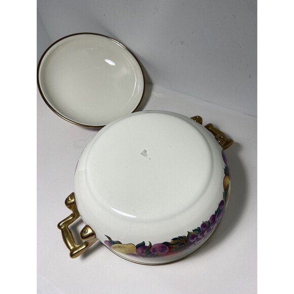 Vintage Lincoware Enamel Casserole Dish Cornucopia Fruit Brass Handles 8 inch - Picture 5 of 6